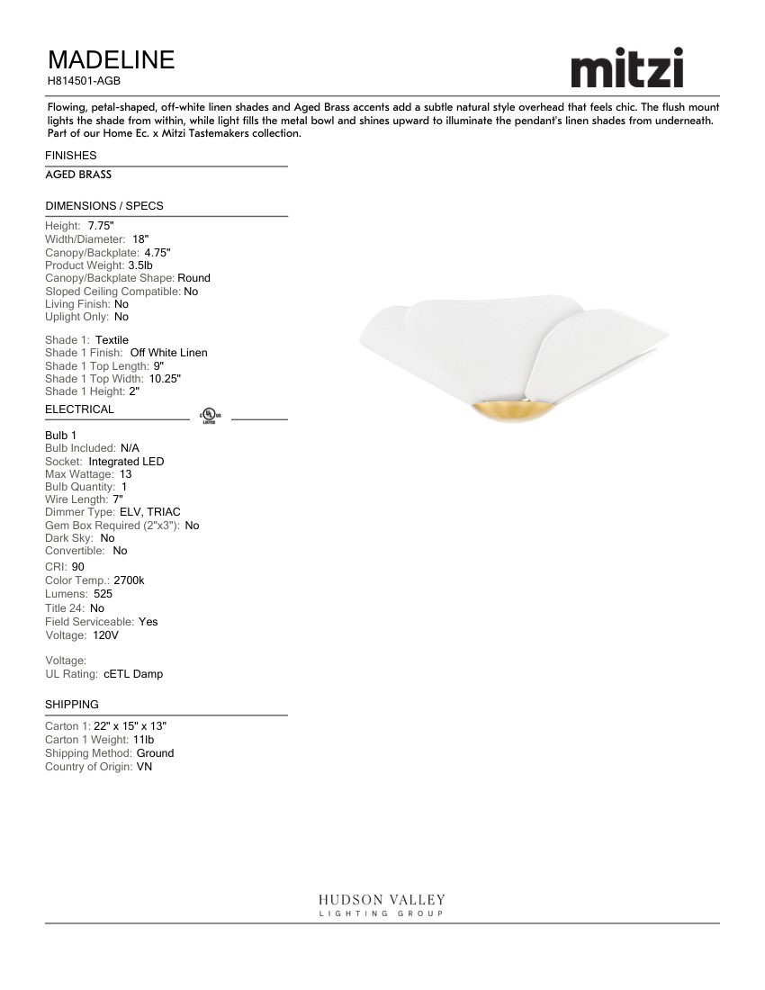 Mitzi H814501-AGB cut sheet — first page