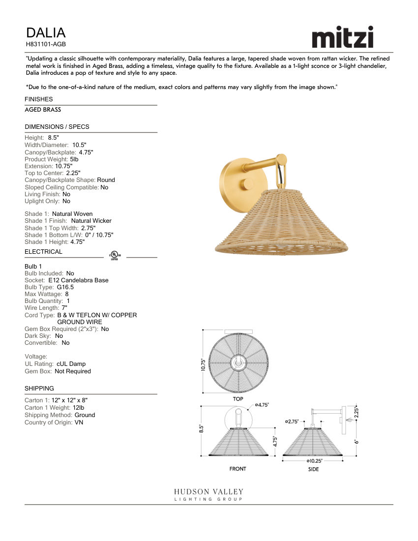 Mitzi H831101-AGB cut sheet — first page