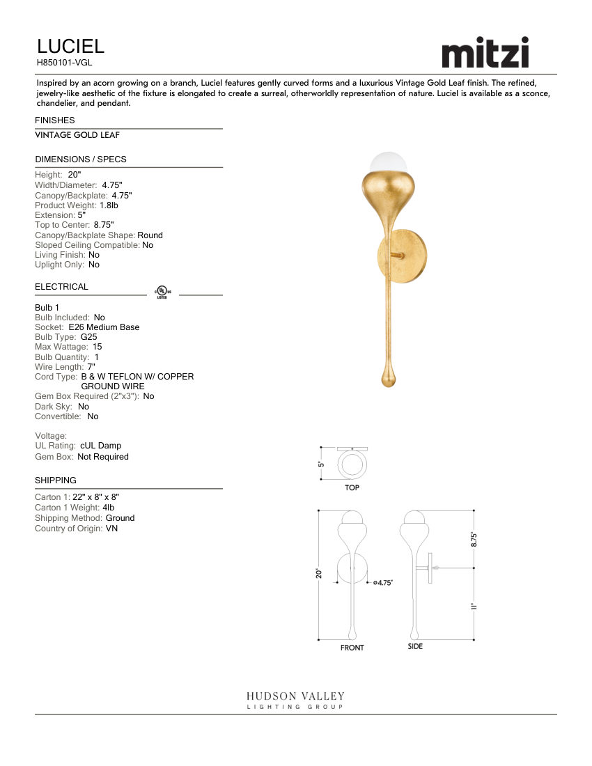 Mitzi H850101-VGL cut sheet — first page
