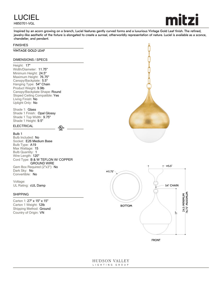 Mitzi H850701-VGL cut sheet — first page