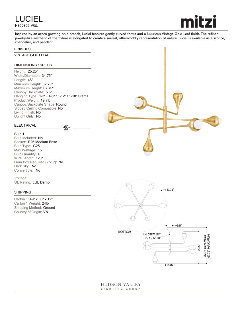 Mitzi H850806-VGL cut sheet — first page