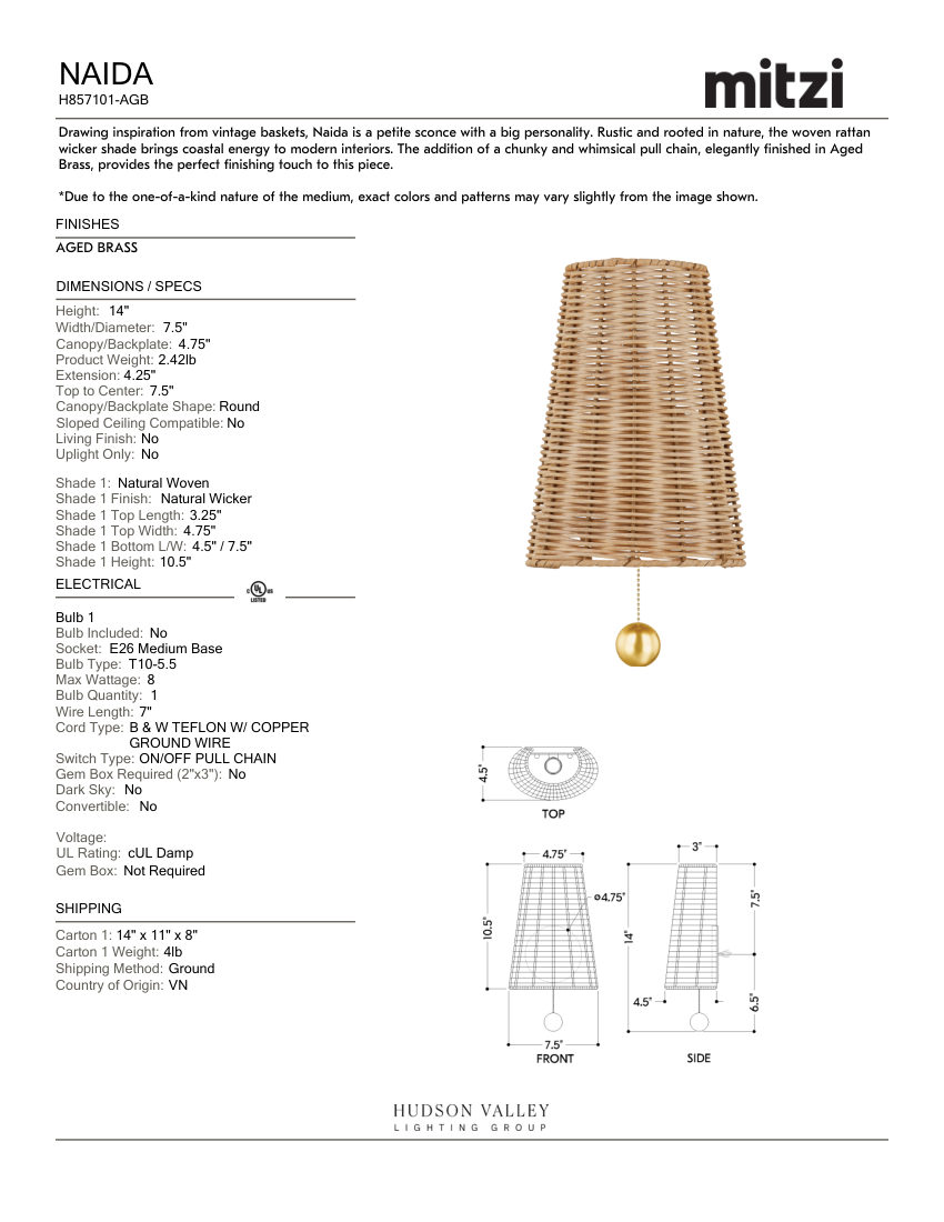 Mitzi H857101-AGB cut sheet — first page