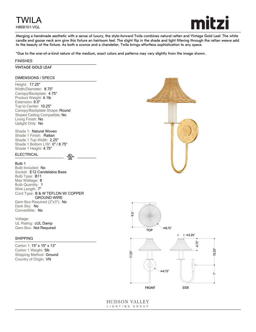 Mitzi H868101-VGL cut sheet — first page