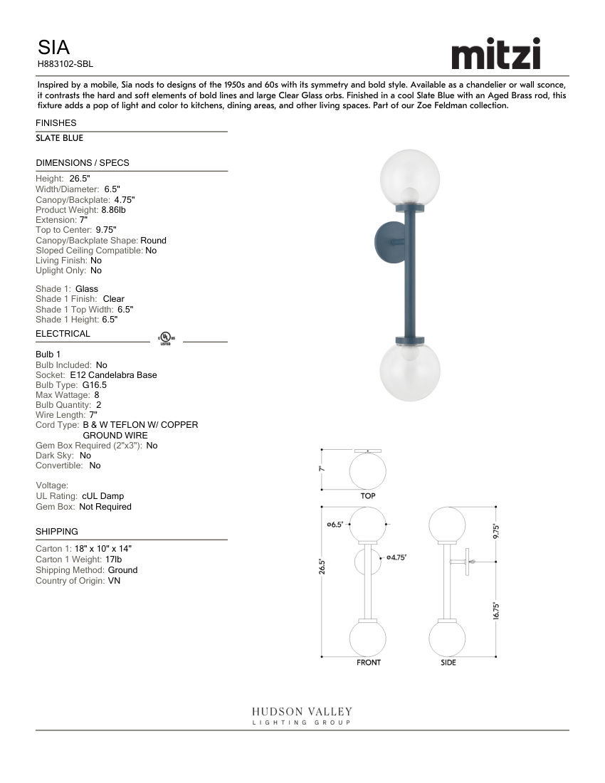 Mitzi H883102-SBL cut sheet — first page