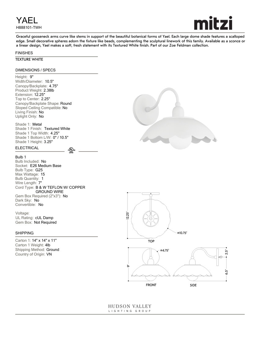 Mitzi H888101-TWH cut sheet — first page