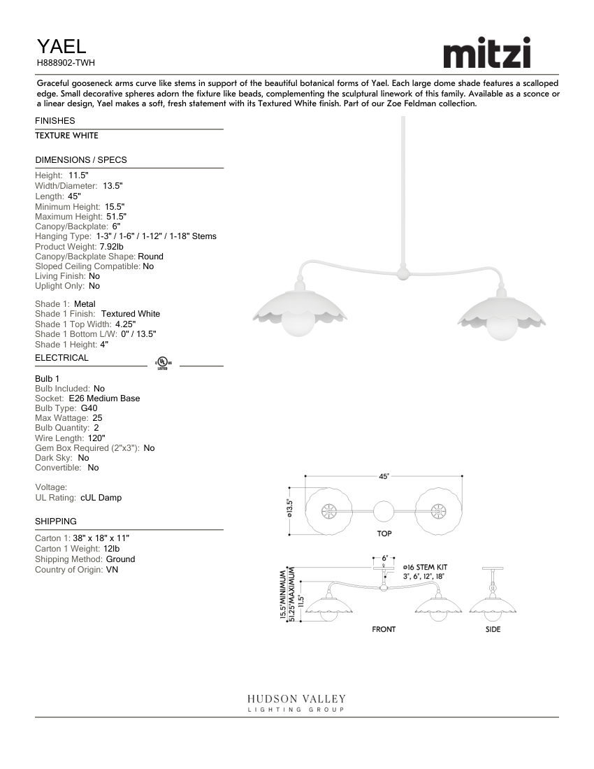 Mitzi H888902-TWH cut sheet — first page
