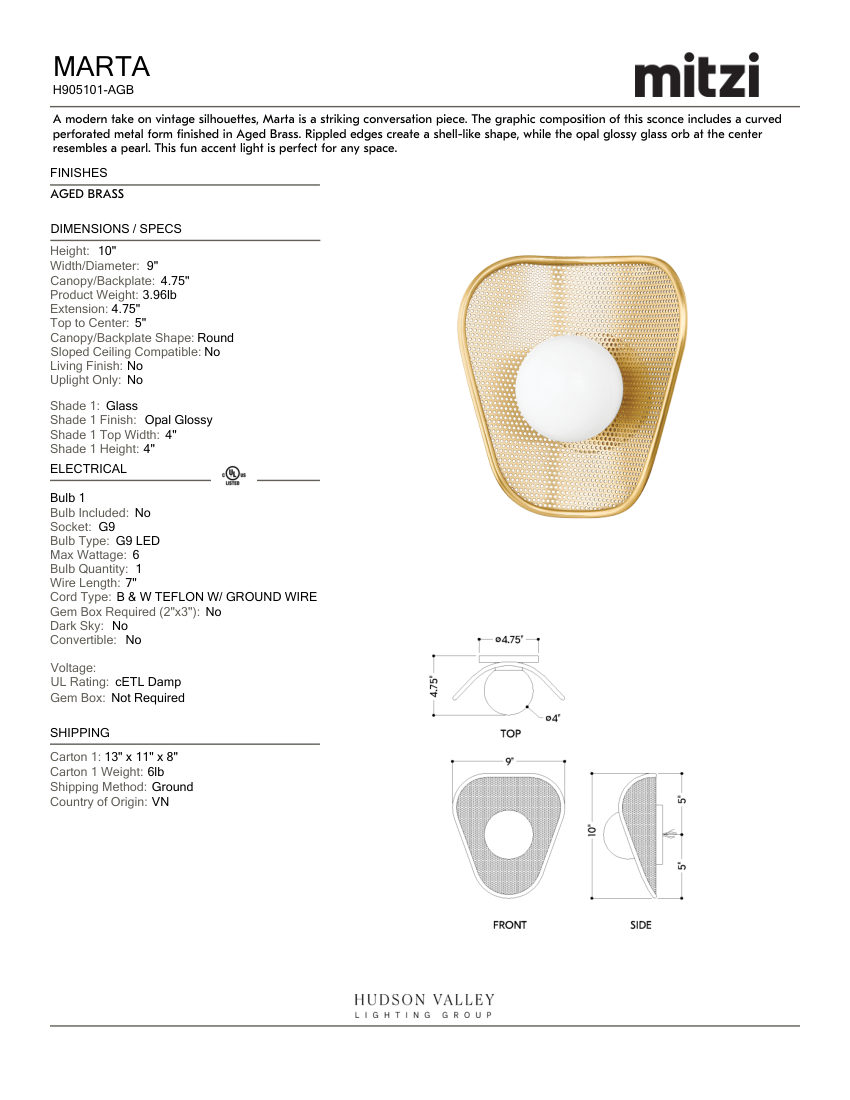 Mitzi H905101-AGB cut sheet — first page