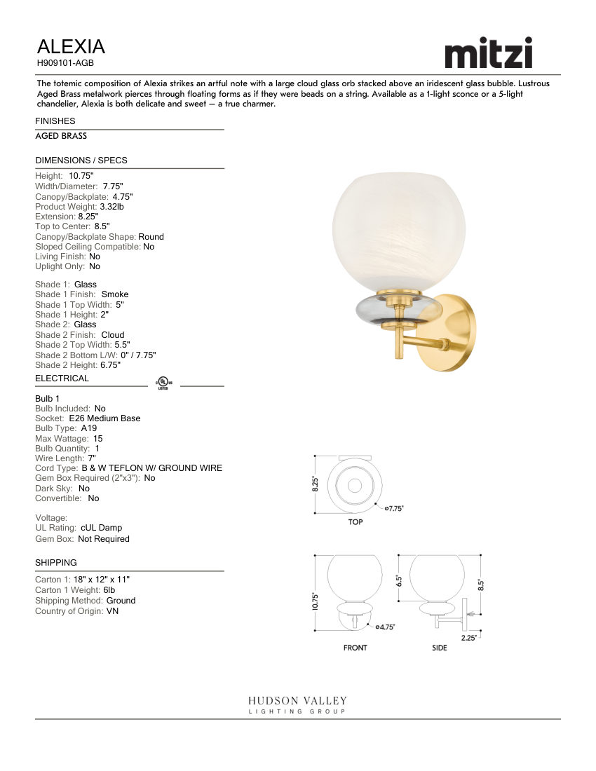 Mitzi H909101-AGB cut sheet — first page