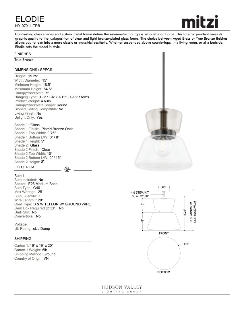 Mitzi H910701L-TRB cut sheet — first page