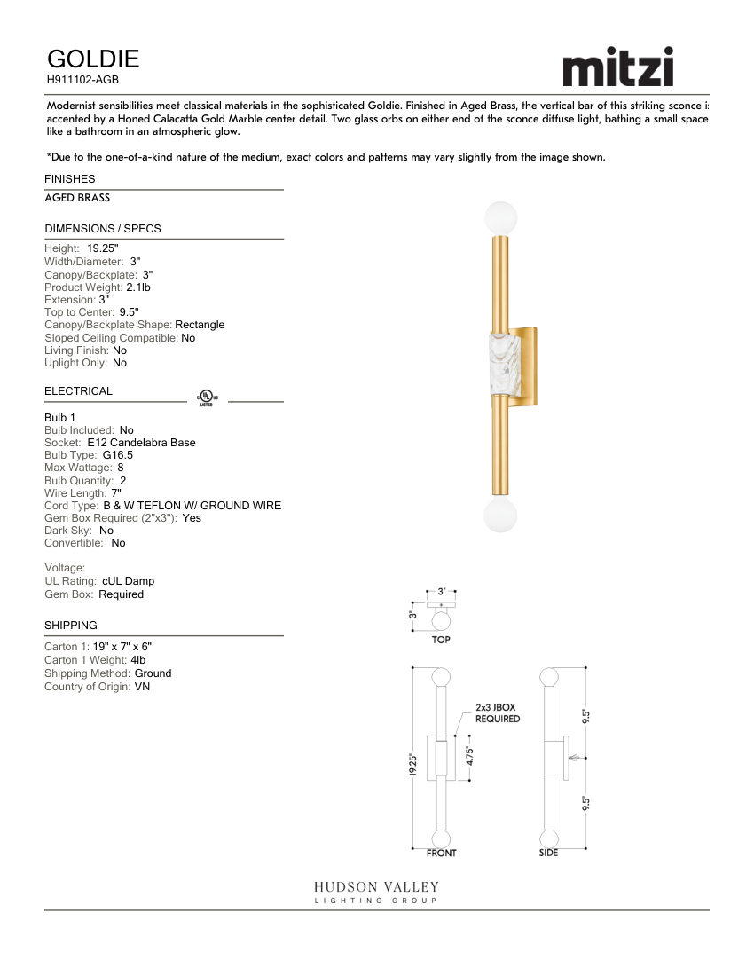 Mitzi H911102-AGB cut sheet — first page