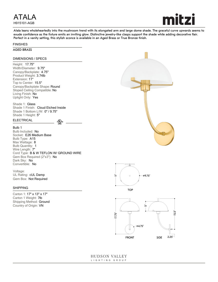 Mitzi H915101-AGB cut sheet — first page