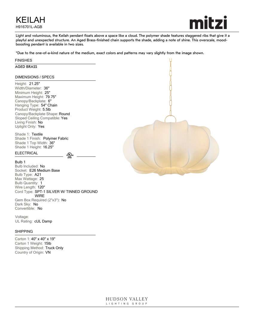 Mitzi H916701L-AGB cut sheet — first page