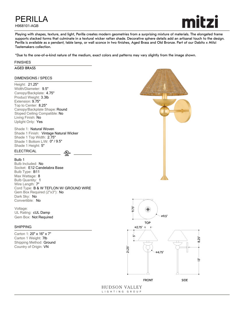 Mitzi H968101-AGB cut sheet — first page