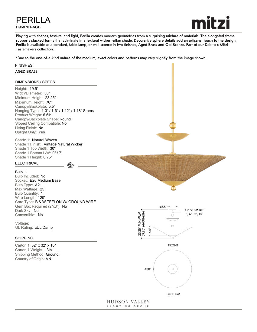 Mitzi H968701-AGB cut sheet — first page