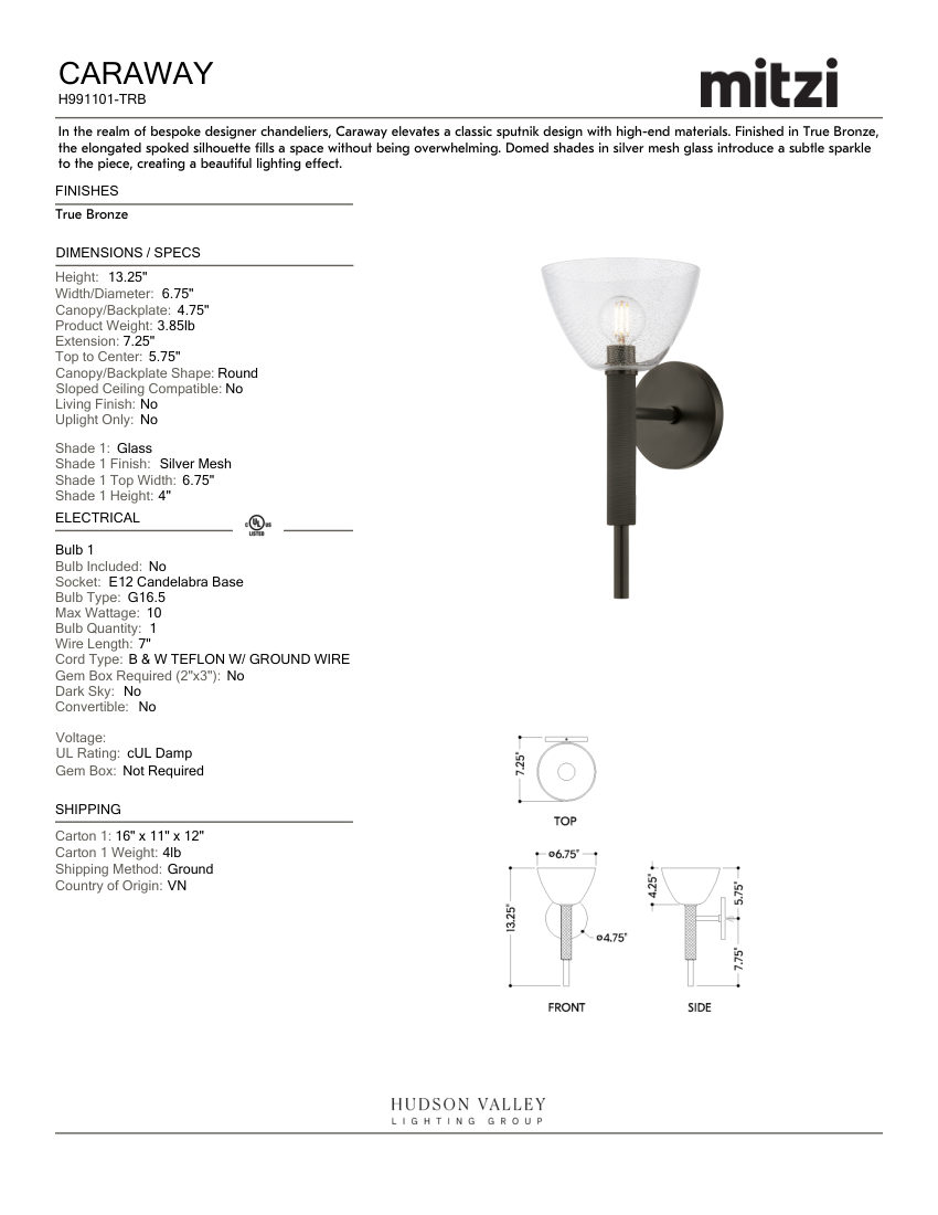 Mitzi H991101-TRB cut sheet — first page