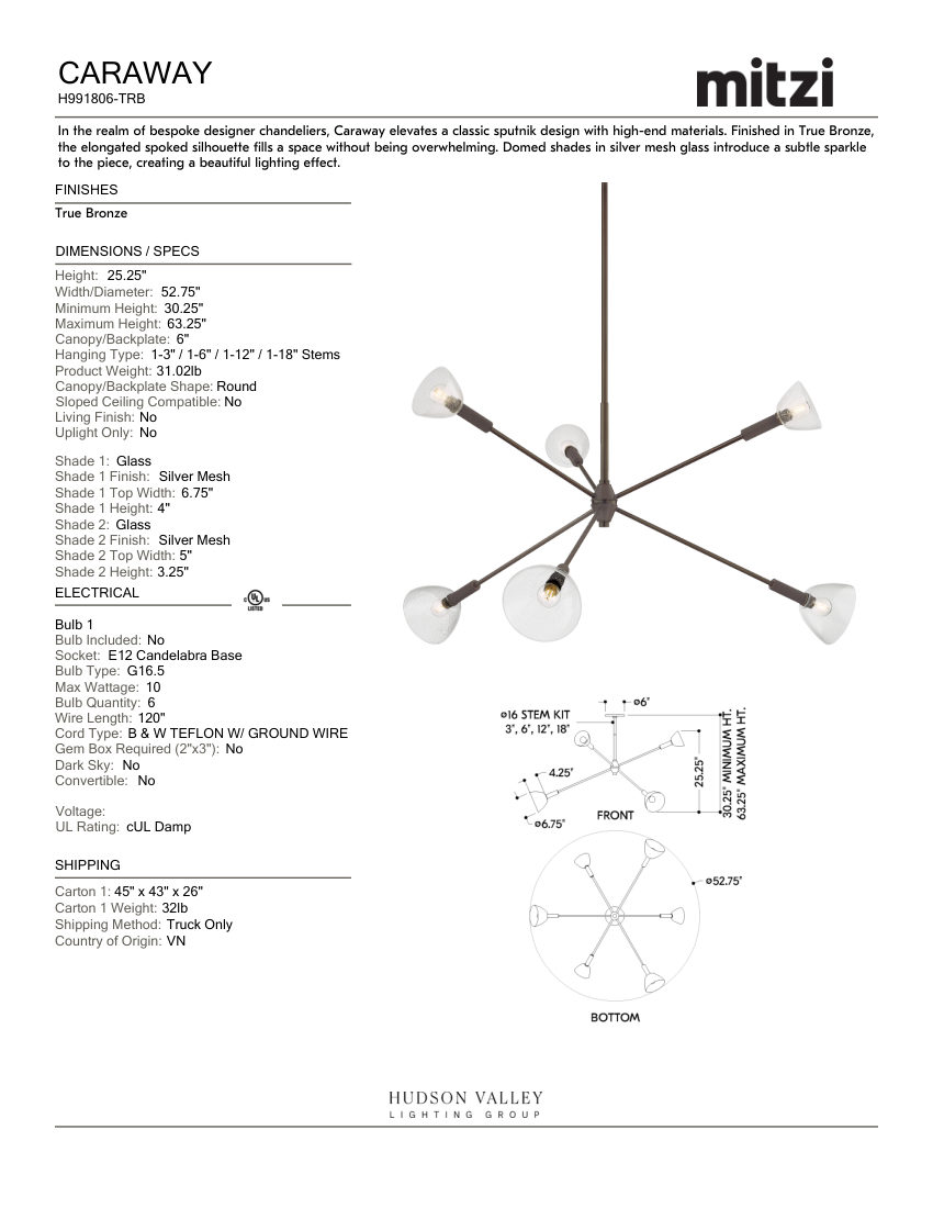 Mitzi H991806-TRB cut sheet — first page