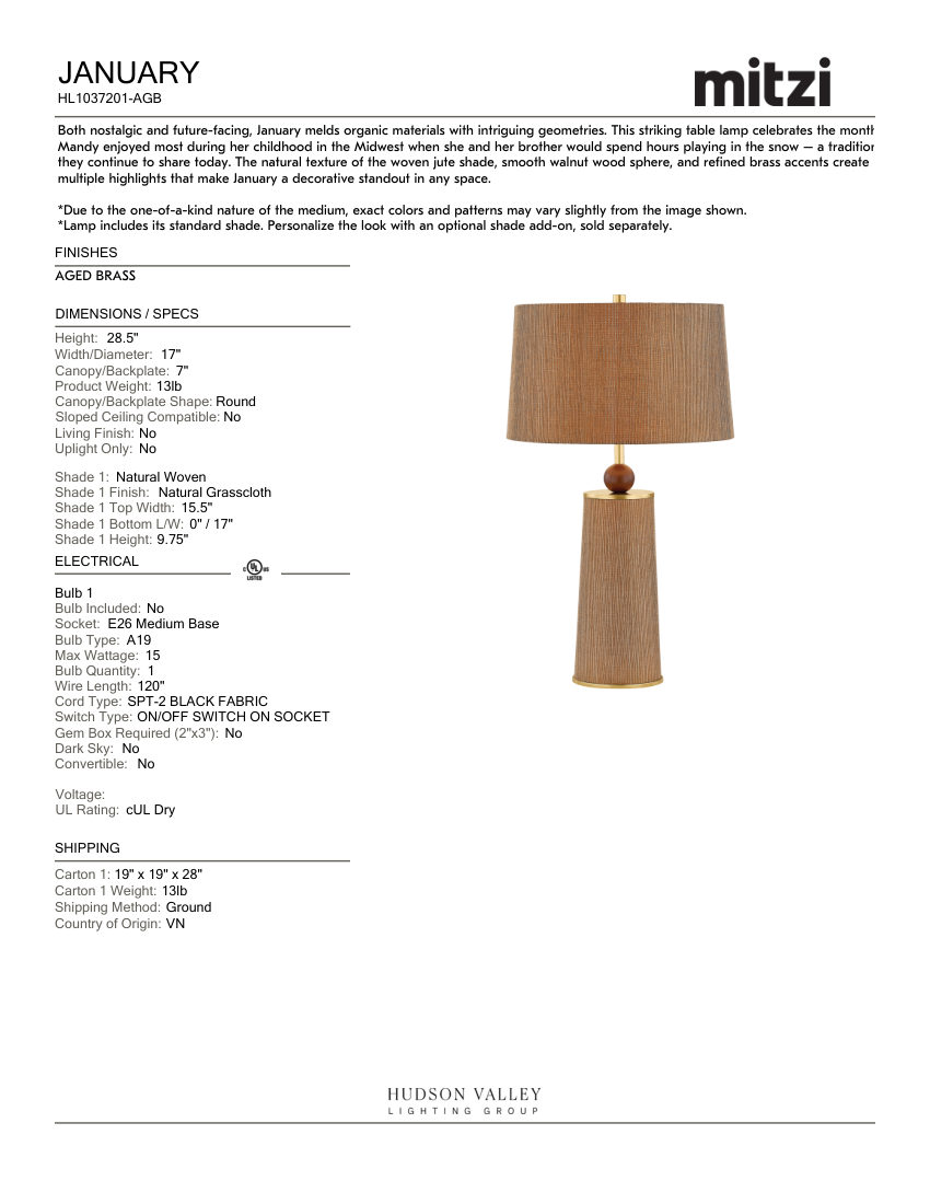 Mitzi HL1037201-AGB cut sheet — first page