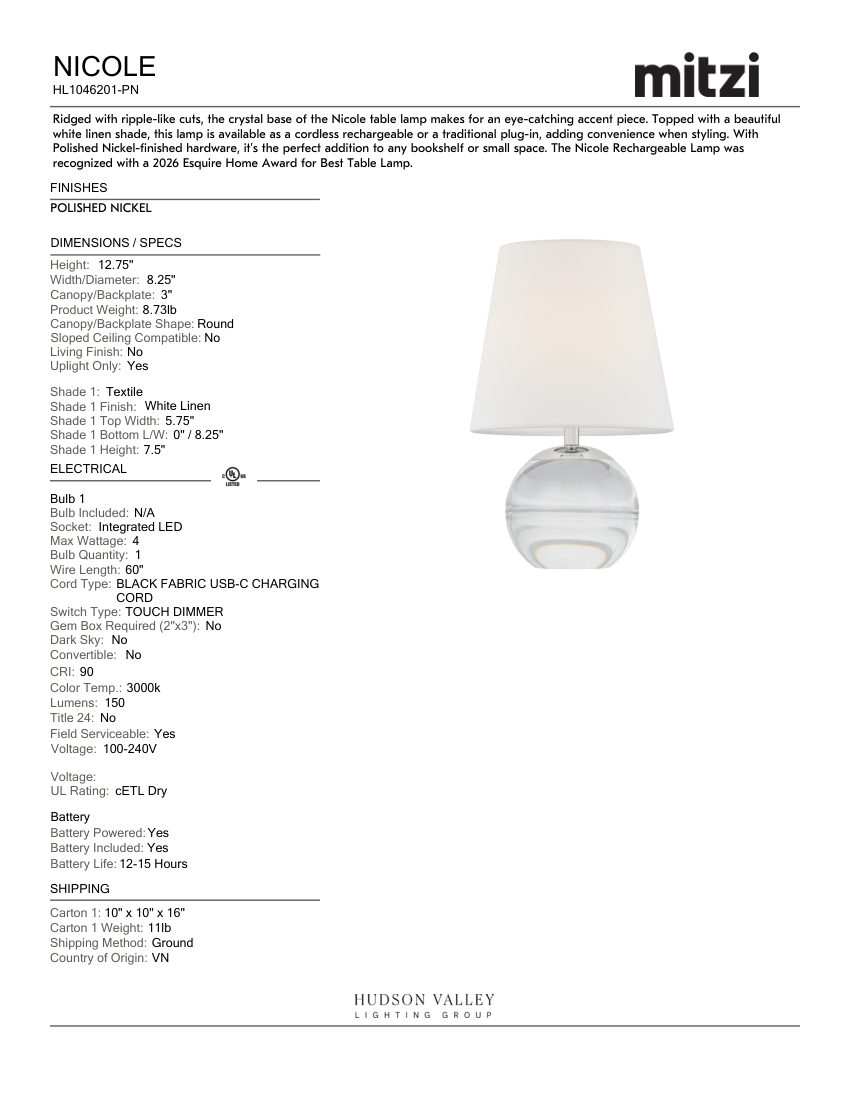Mitzi HL1046201-PN cut sheet — first page