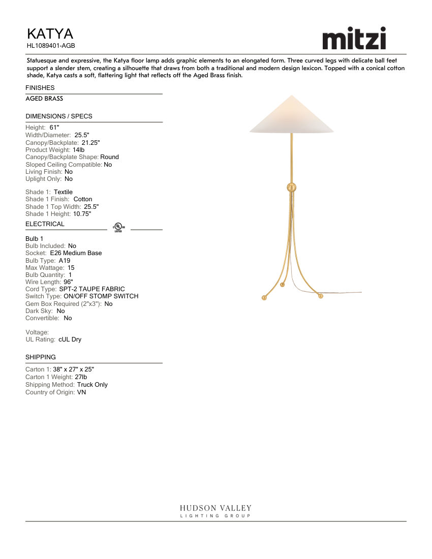 Mitzi HL1089401-AGB cut sheet — first page