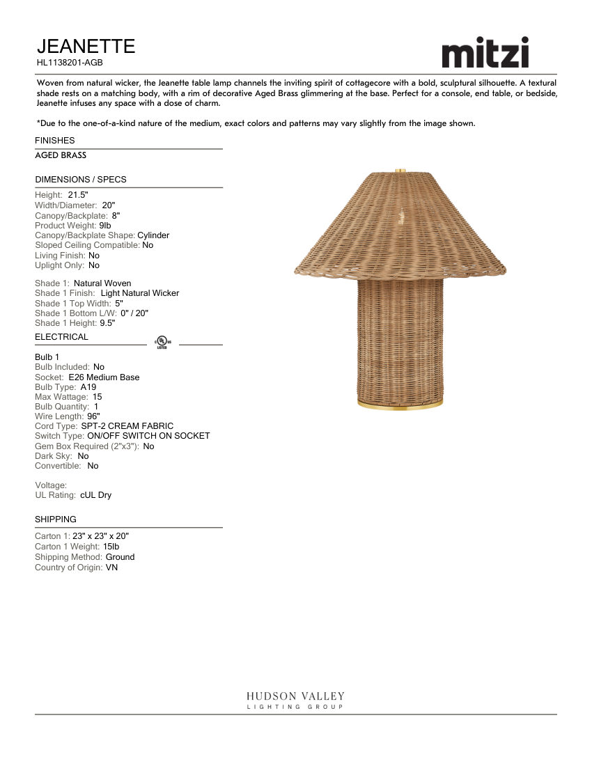 Mitzi HL1138201-AGB cut sheet — first page