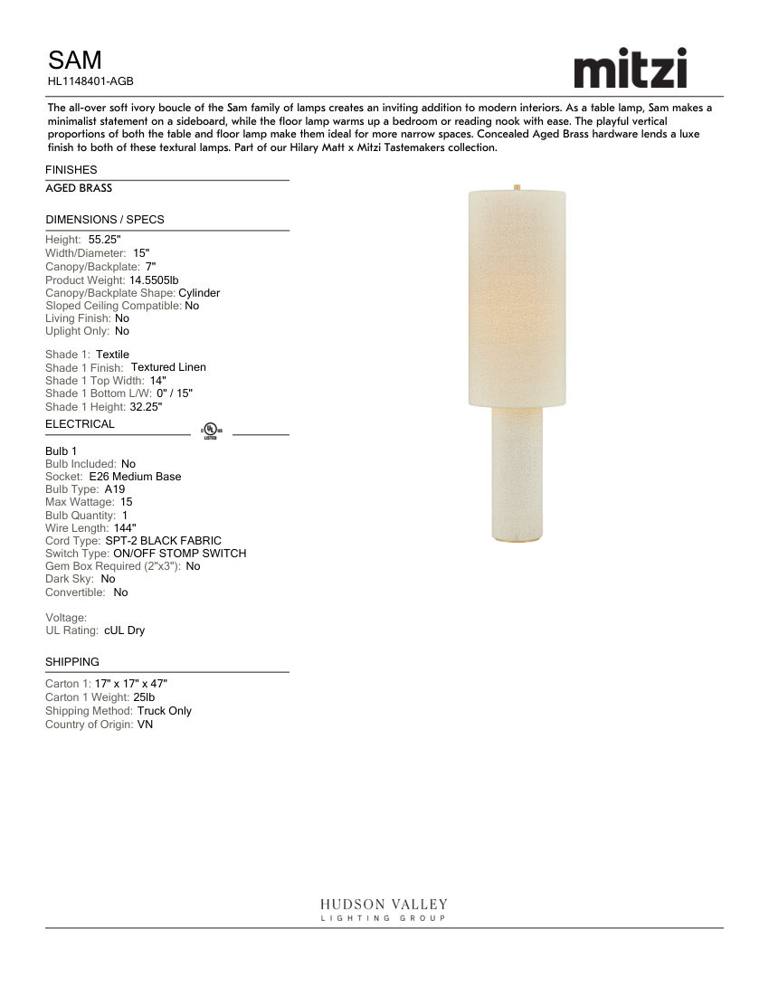Mitzi HL1148401-AGB cut sheet — first page