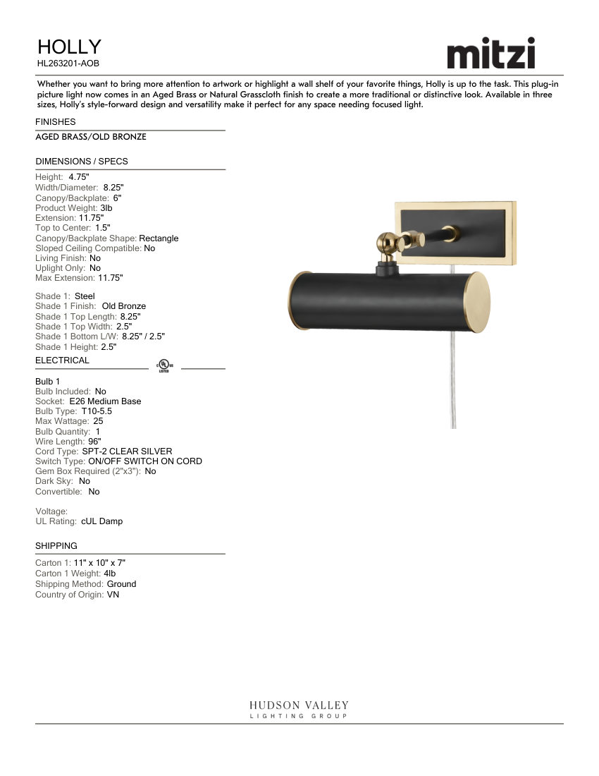 Mitzi HL263201-AOB cut sheet — first page