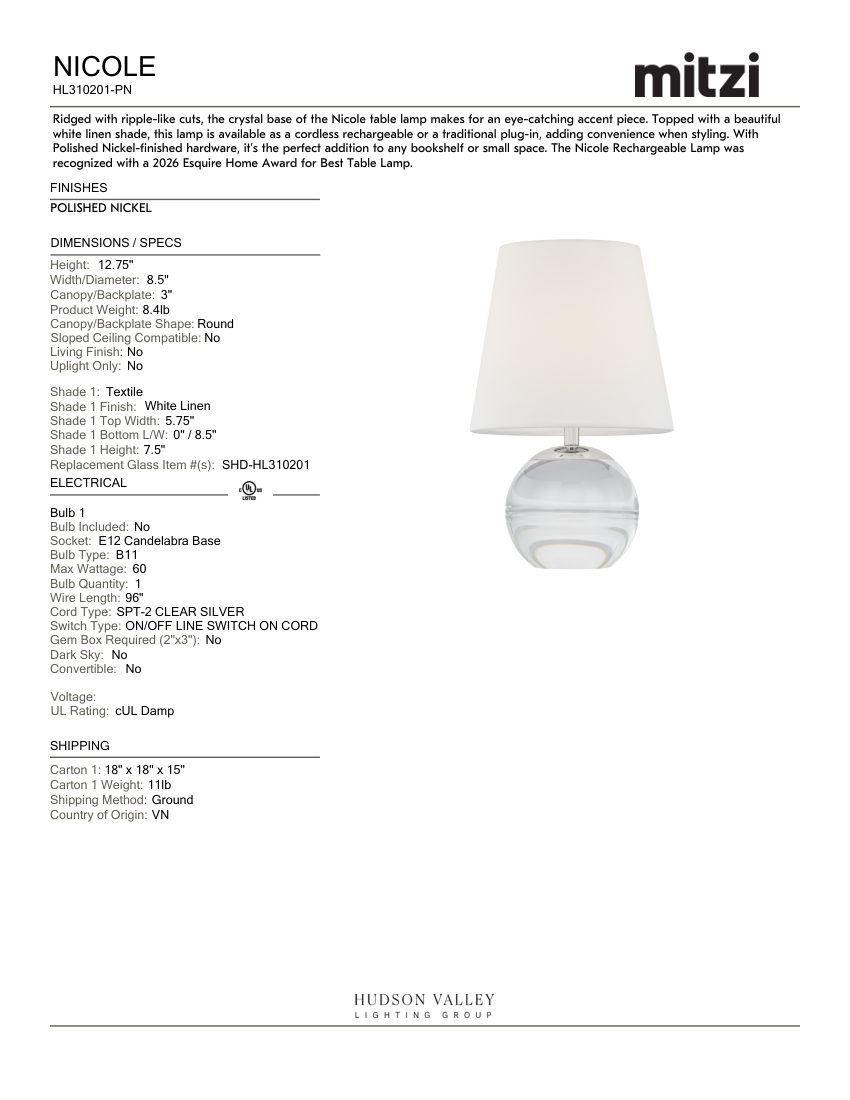 Mitzi HL310201-PN cut sheet — first page