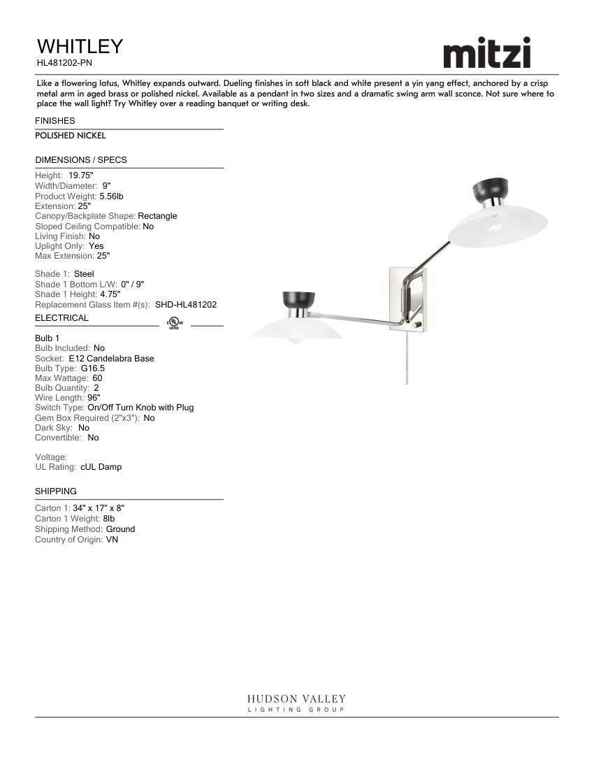 Mitzi HL481202-PN cut sheet — first page