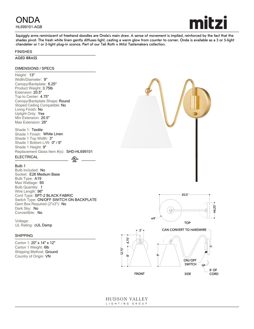 Mitzi HL699101-AGB cut sheet — first page
