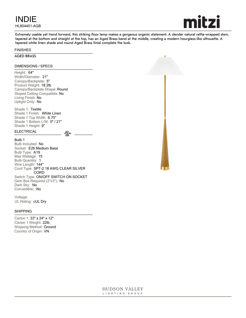 Mitzi HL804401-AGB cut sheet — first page