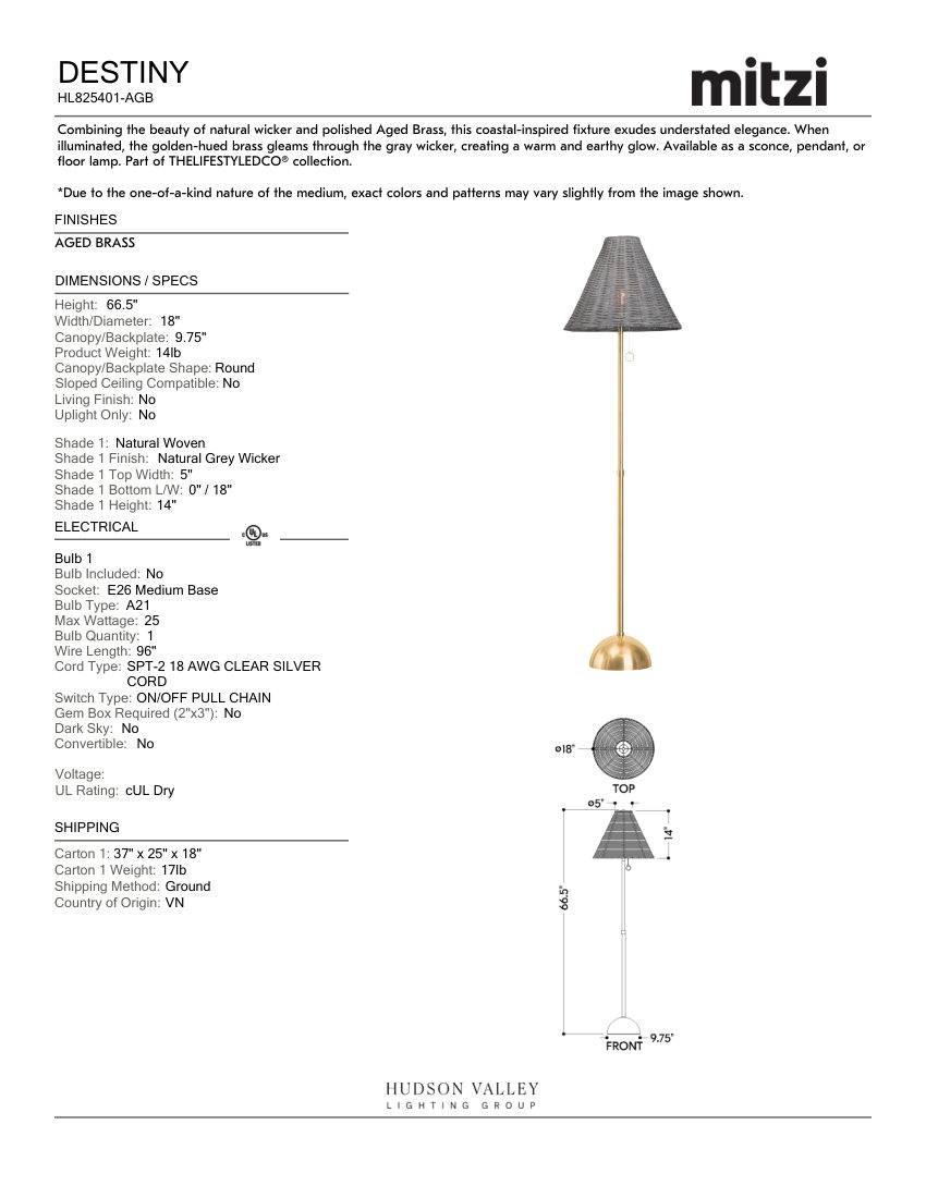 Mitzi HL825401-AGB cut sheet — first page