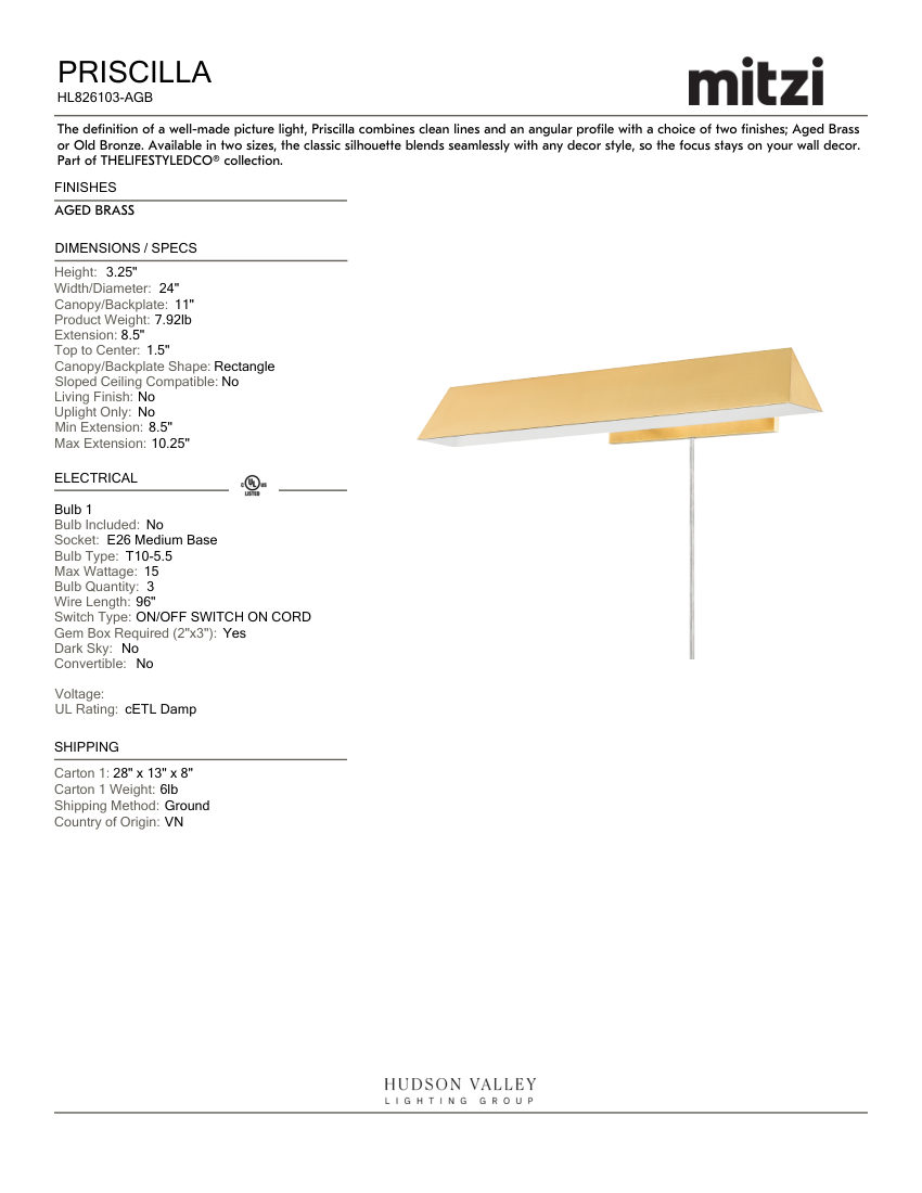 Mitzi HL826103-AGB cut sheet — first page