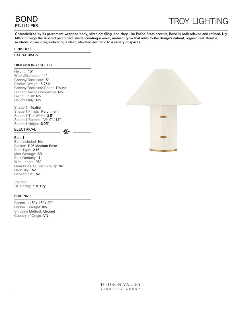 Mitzi PTL1315-PBR cut sheet — first page