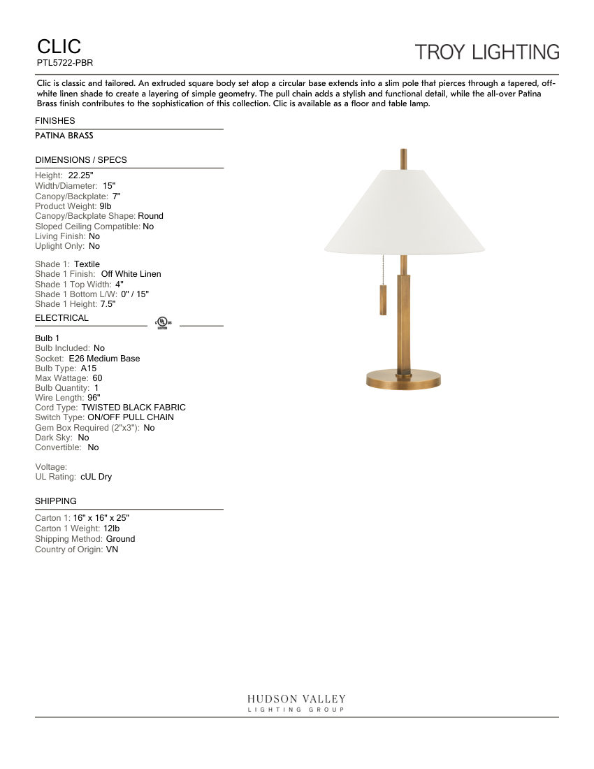 Mitzi PTL5722-PBR cut sheet — first page