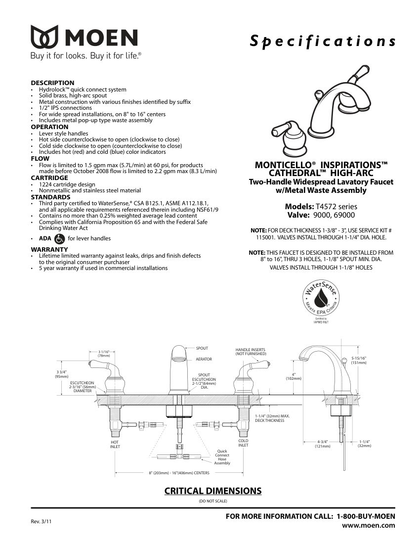 Moen 115001 cut sheet — first page