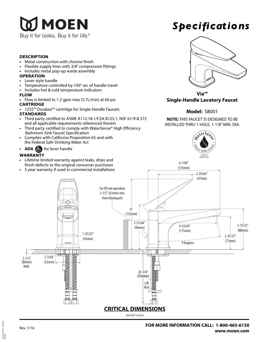 Moen 1255 cut sheet — first page