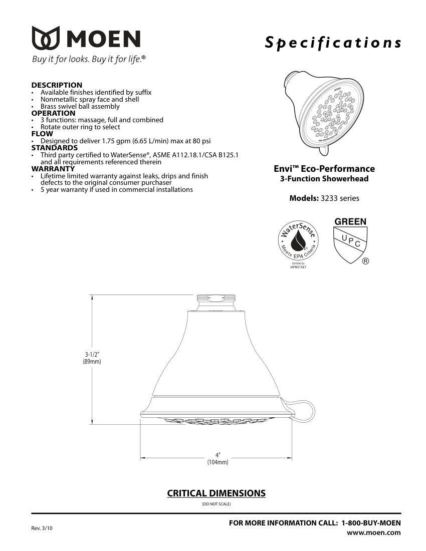 Moen 3233-series cut sheet — first page