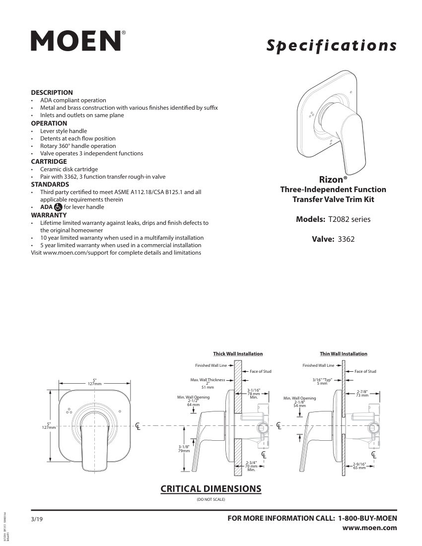 Moen 3362 cut sheet — first page