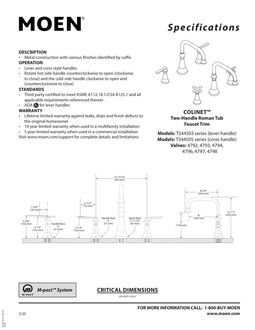 Moen 4792 cut sheet — first page