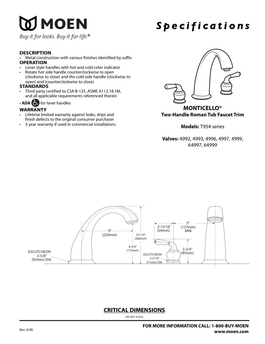 Moen 4992 cut sheet — first page