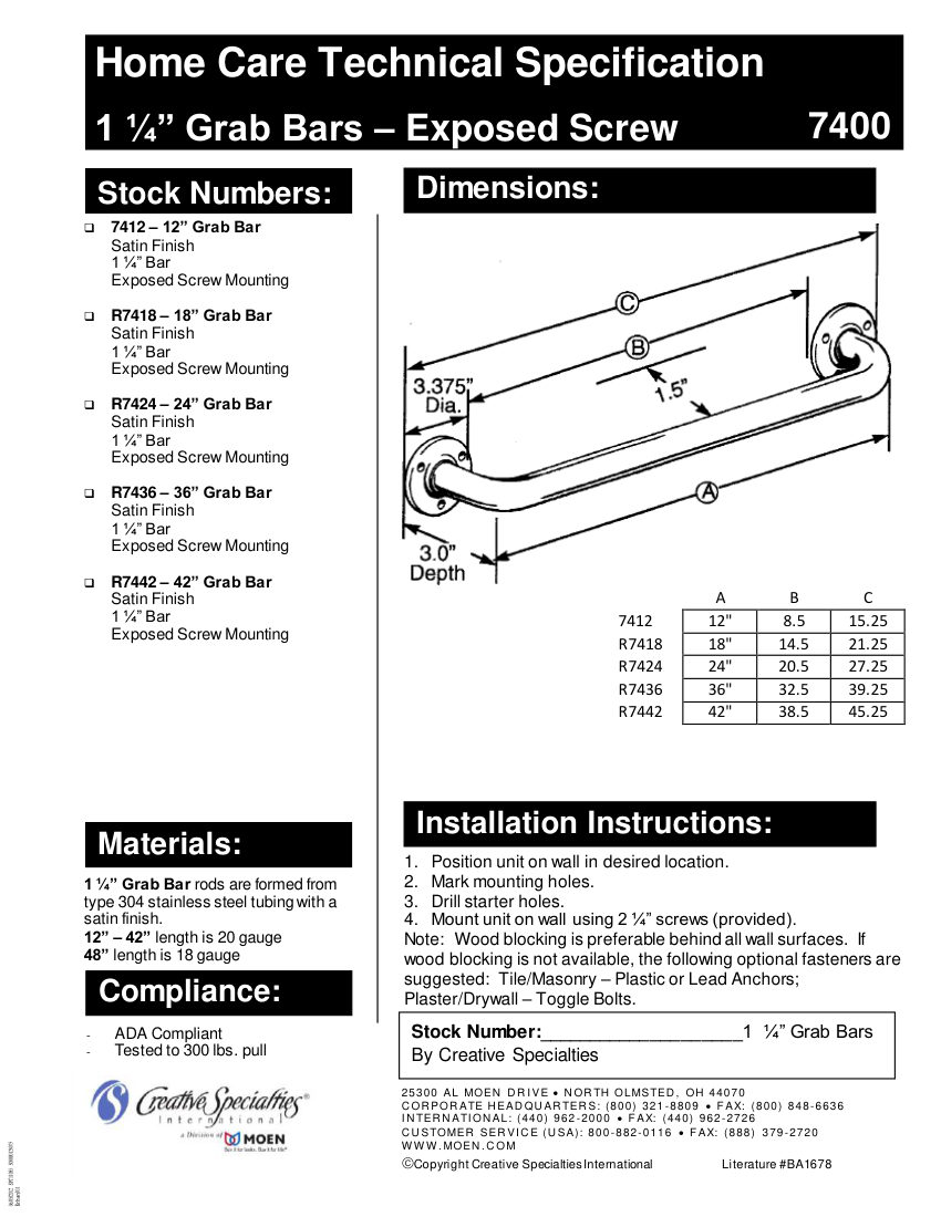 Moen 7400 cut sheet — first page