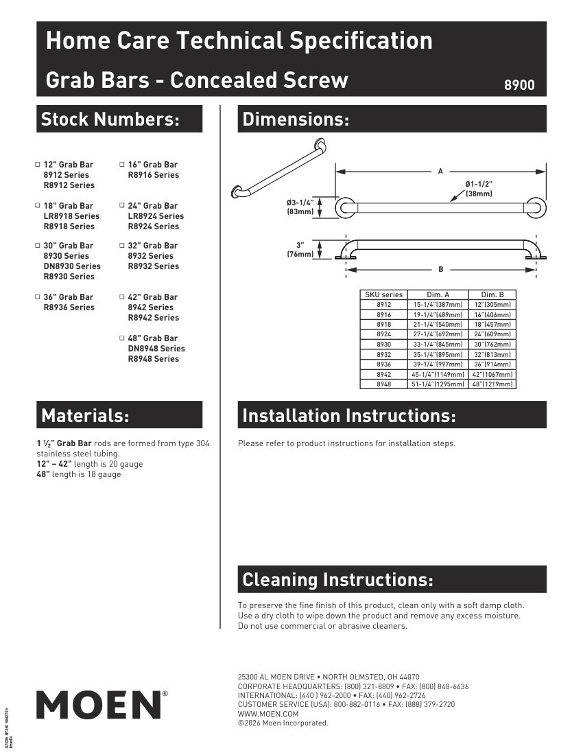 Moen 8912 cut sheet — first page