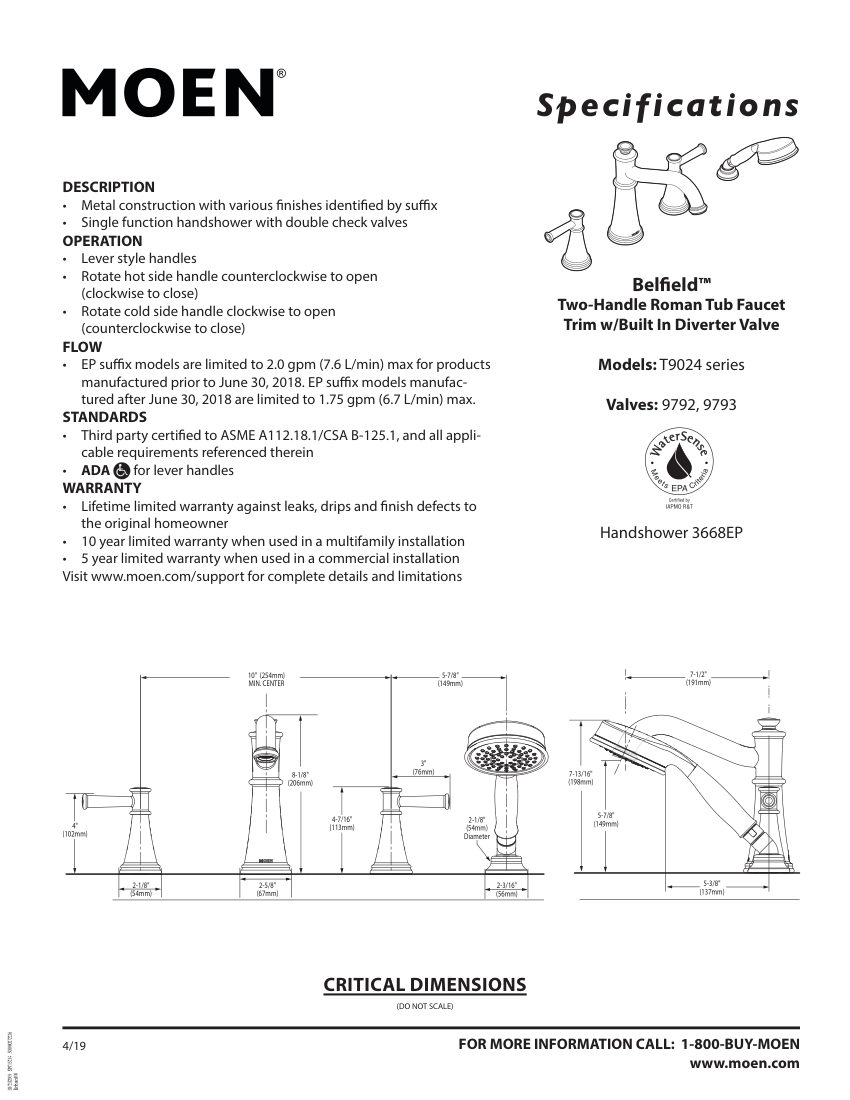 Moen 9792 cut sheet — first page