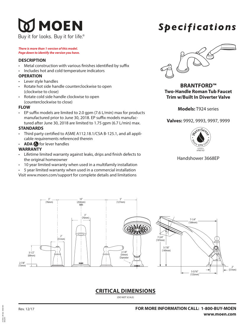 Moen 9992 cut sheet — first page