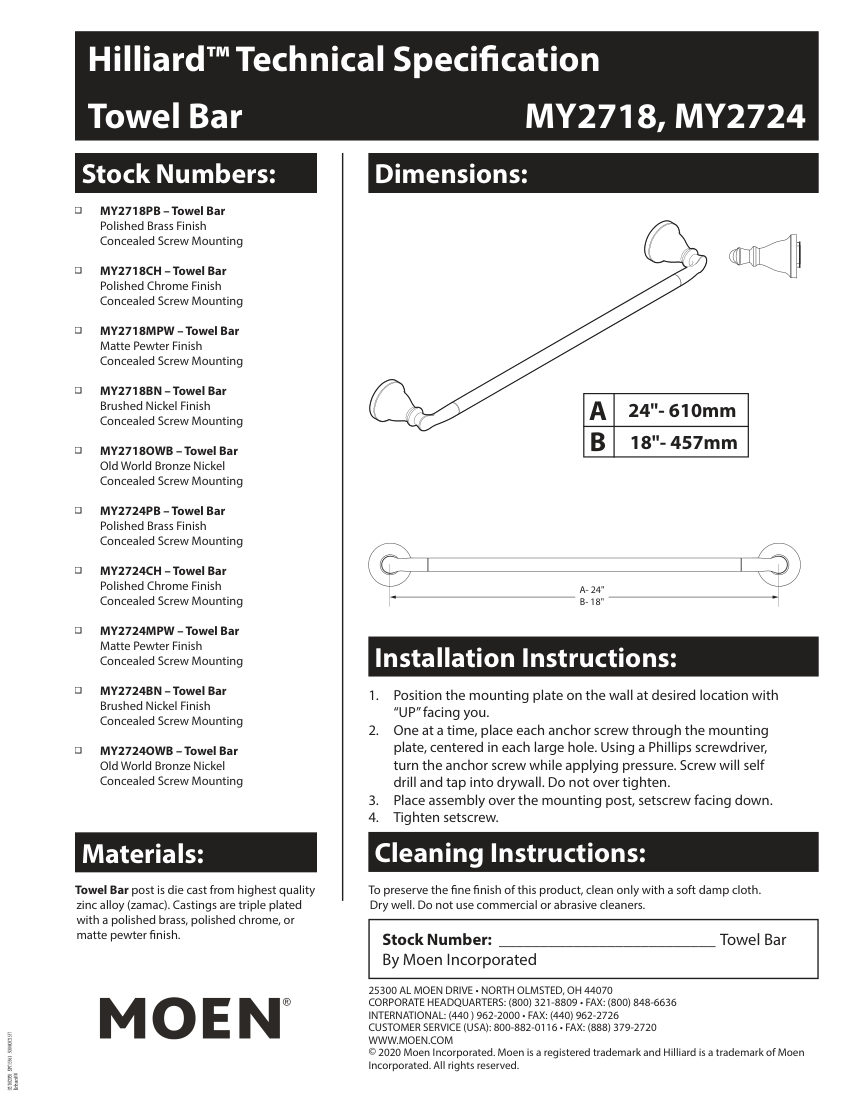 Moen MY2718PB cut sheet — first page