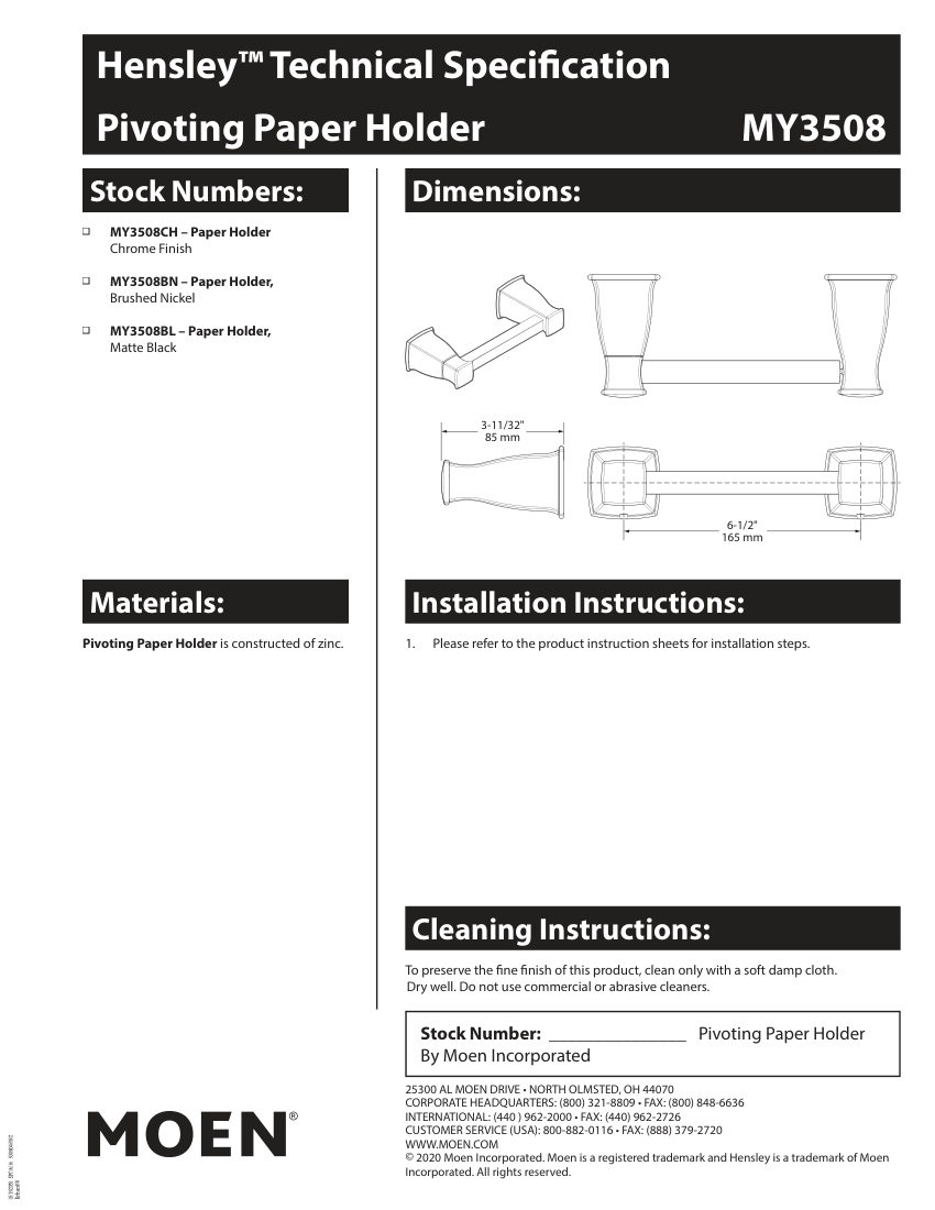 Moen MY3508 cut sheet — first page