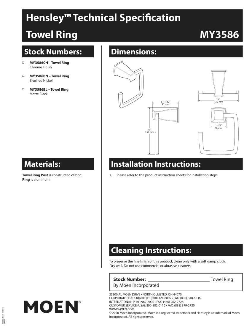 Moen MY3586CH cut sheet — first page