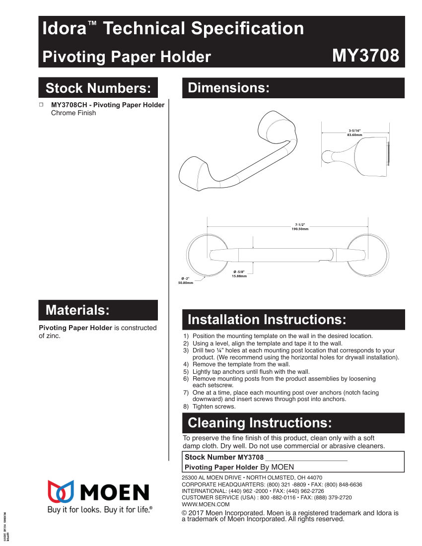Moen MY3708CH cut sheet — first page