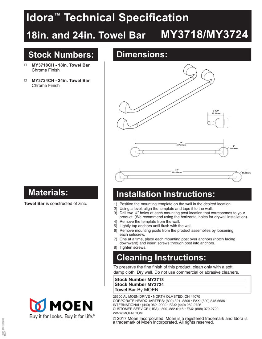 Moen MY3718 cut sheet — first page