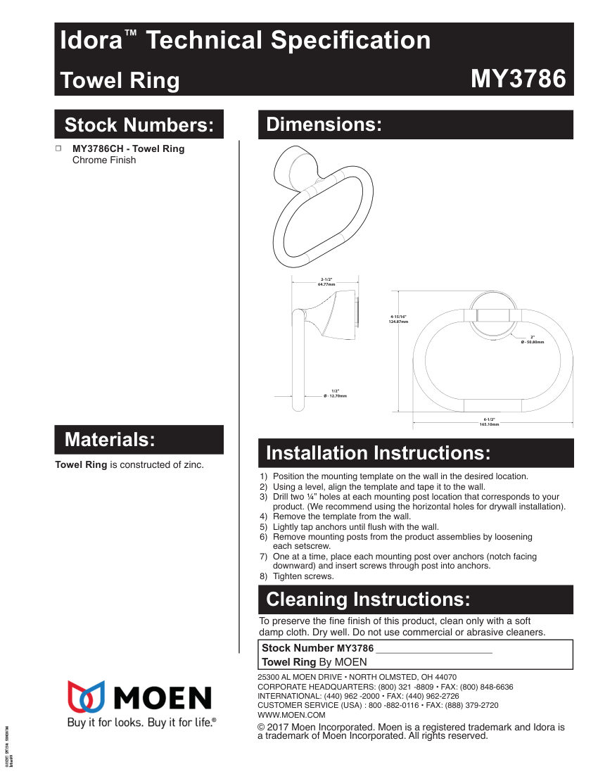 Moen MY3786 cut sheet — first page